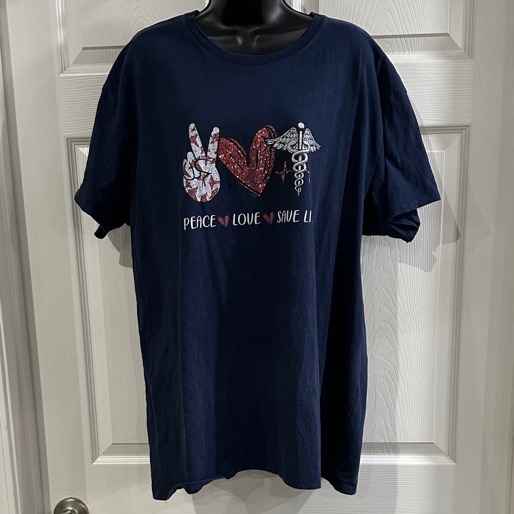 Navy Graphic Nursing T-Shirt with Peace Love Save Life Design